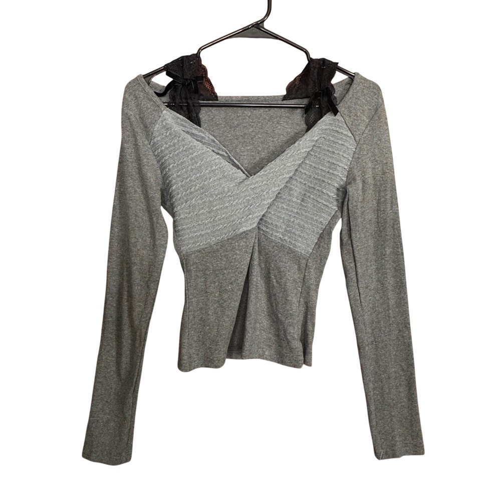 Womens Heather Grey Crossover Cable Knit Top Lace Velvet Bows Small Whimsygoth
